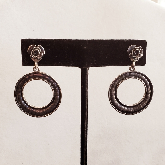 Or Paz PZ Oxidized Sterling Silver Rustic Hammered Drop Circle and Rose Earrings - Picture 8 of 13